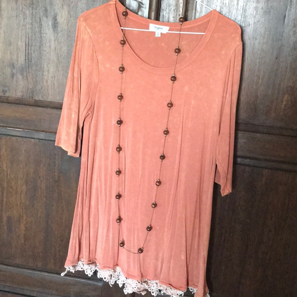 Orange washout tunic with lace trim
